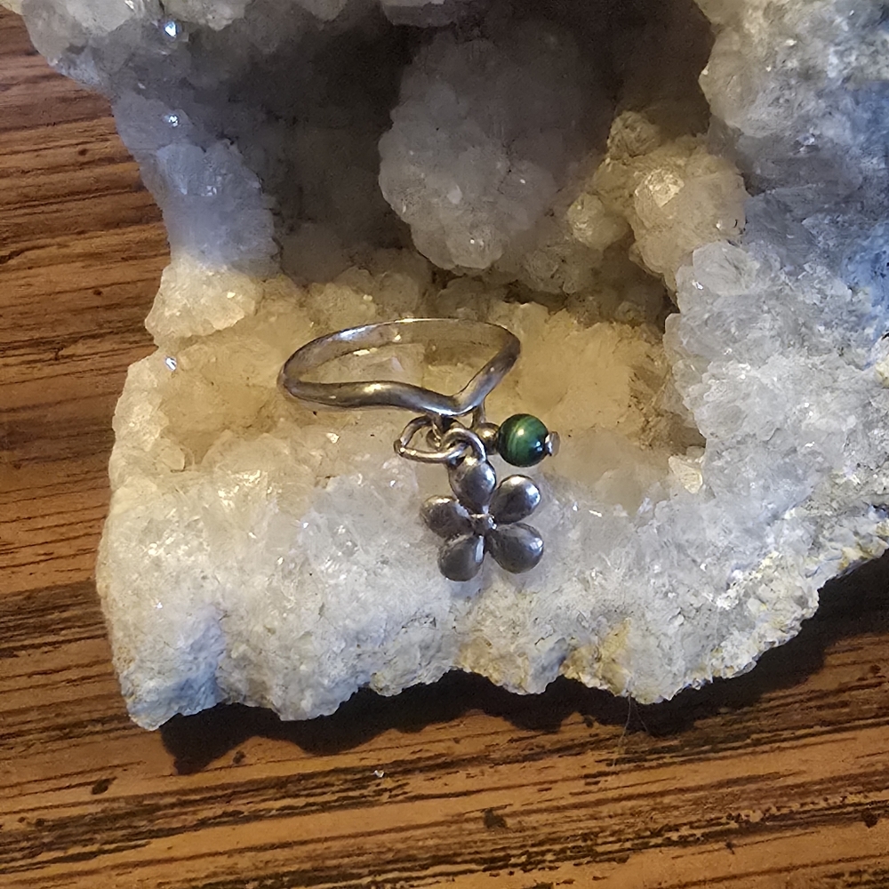 Silver Flower Charm Ring with Green Bead 6.5